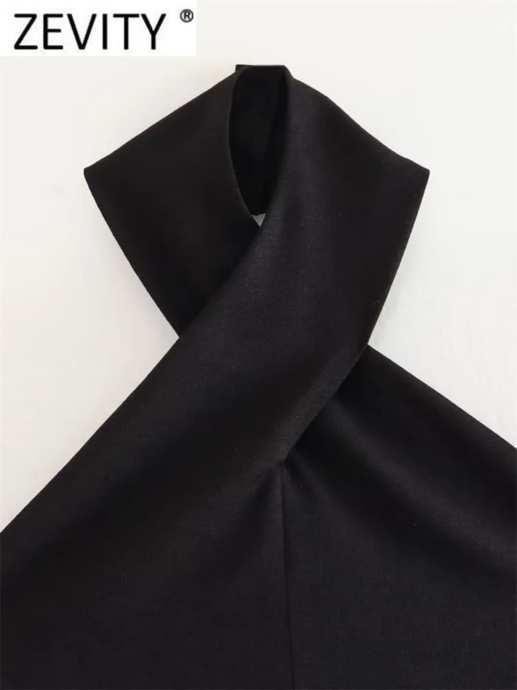 Zevity femmes Sexy sans manches dos nu nœud noué noir licou Blouse Femme sangle croisée chemise cour