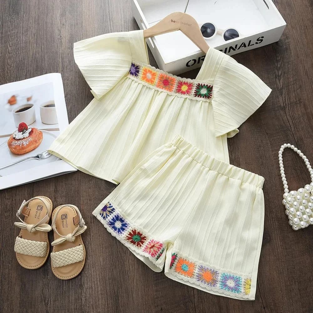 Costume pour enfants, Style vacances, couleur unie, broderie de fleurs, col carré, haut à manches co