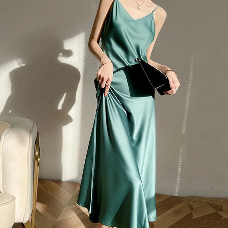 Robe longue en Satin Vintage pour femmes, tenue d'été Sexy, bretelles Spaghetti, Maxi, tenue de soir