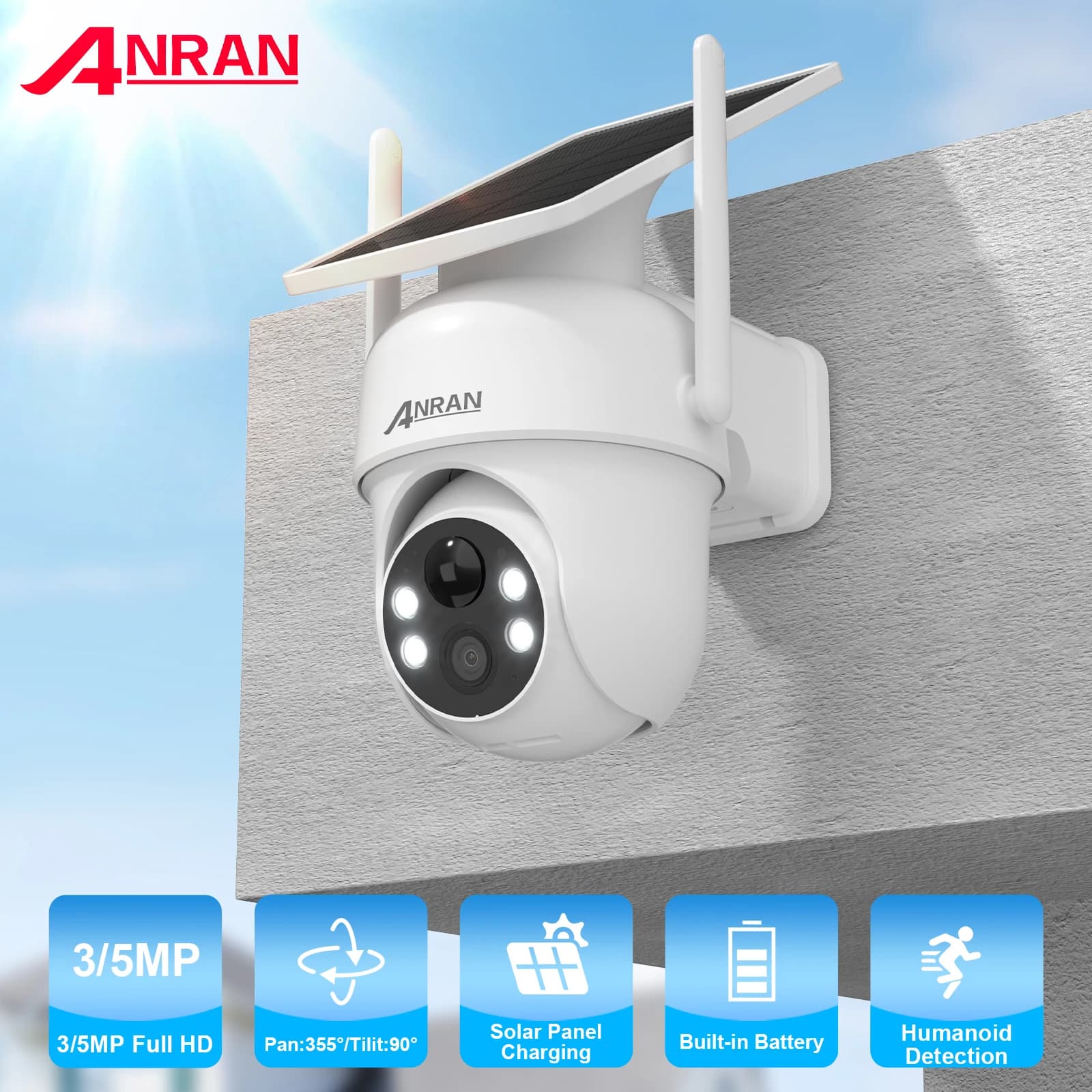 ANRAN 2K 3/5MP caméra solaire 2.4G Wifi Surveillance caméras de sécurité Protection à domicile camér