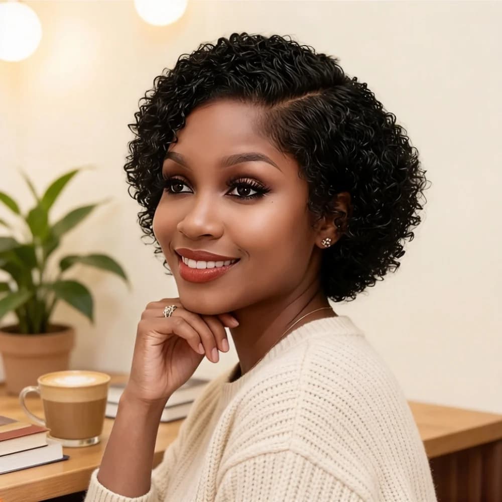 Perruque élégante en cheveux humains Remy, coupe pixie ondulée bouclée, avec dentelle frontale 13x4x