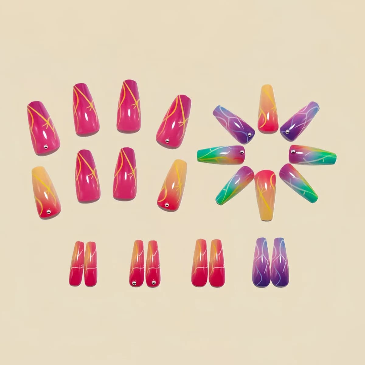 Faux ongles mi-longs avec motif de fleur en forme de cœur 3D, dégradé violet rouge, pointes de Balle