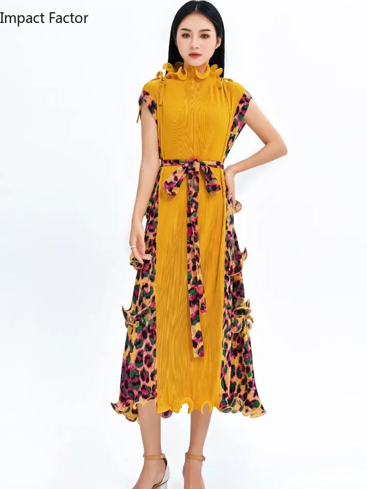 Ata Yake-Robe longue plissée à imprimé léopard pour femme, motif tendance, ceinture en fibre, décont