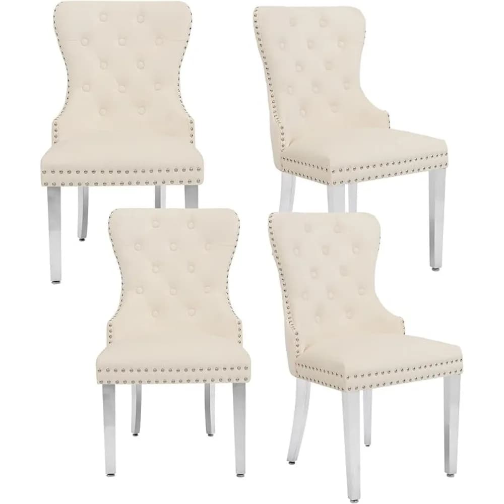 Ensemble de 4 chaises de salle à manger en velours, chaise de salle à manger capitonnée avec anneau 