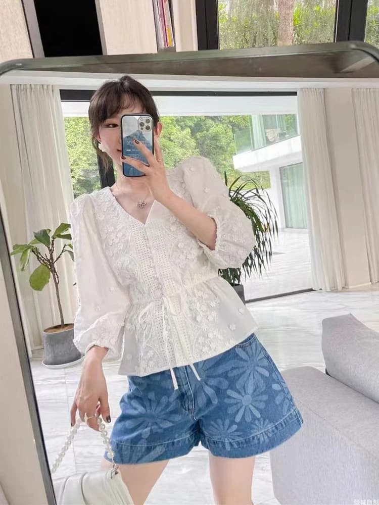 Pouvez-vous psyLady-Chemisier chic à manches bouffantes pour femme, élégant, blanc, avec broderie fl