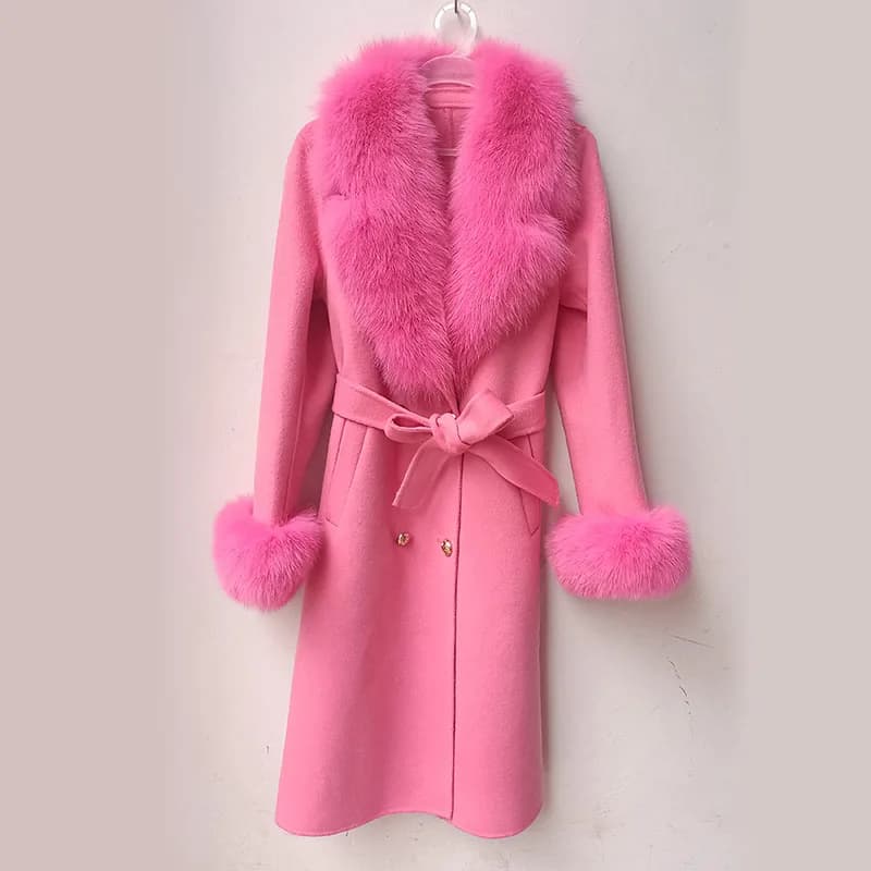 Manteau Long en laine mélangée pour femmes, avec grand col en vraie fourrure de renard, veste d'hive