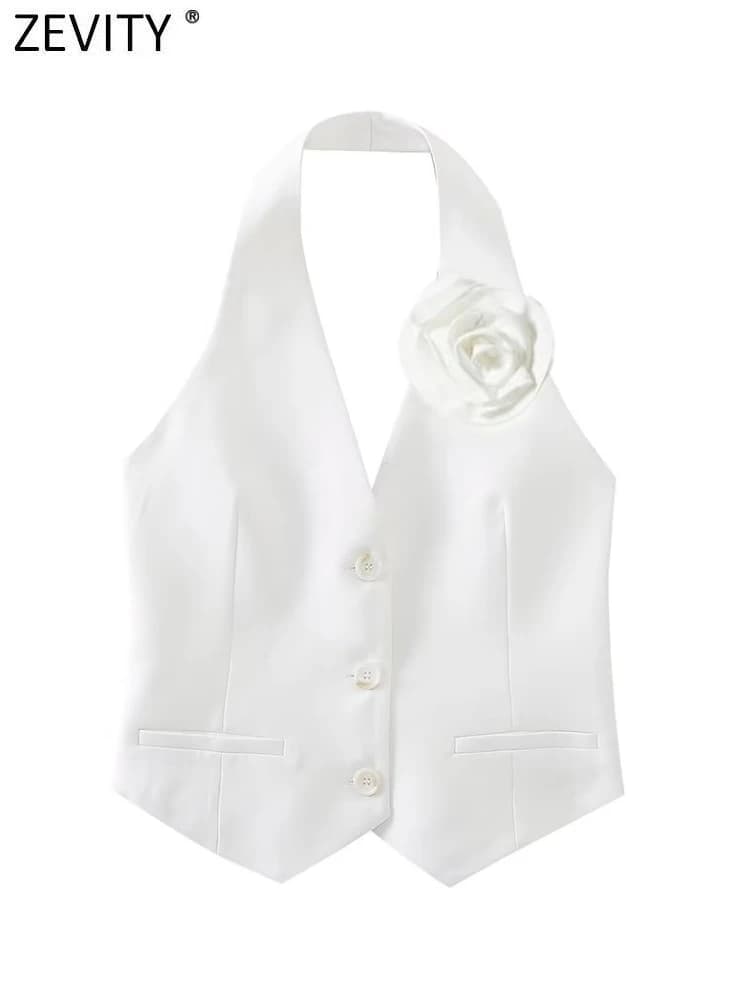 Zevity femmes mode simple boutonnage fleur conception blanc licou gilet veste bureau dames sans manc