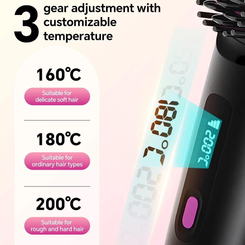 Brosse à lisser les cheveux Rechargeable, peigne ionique à lisser les cheveux, 3 réglages et afficha
