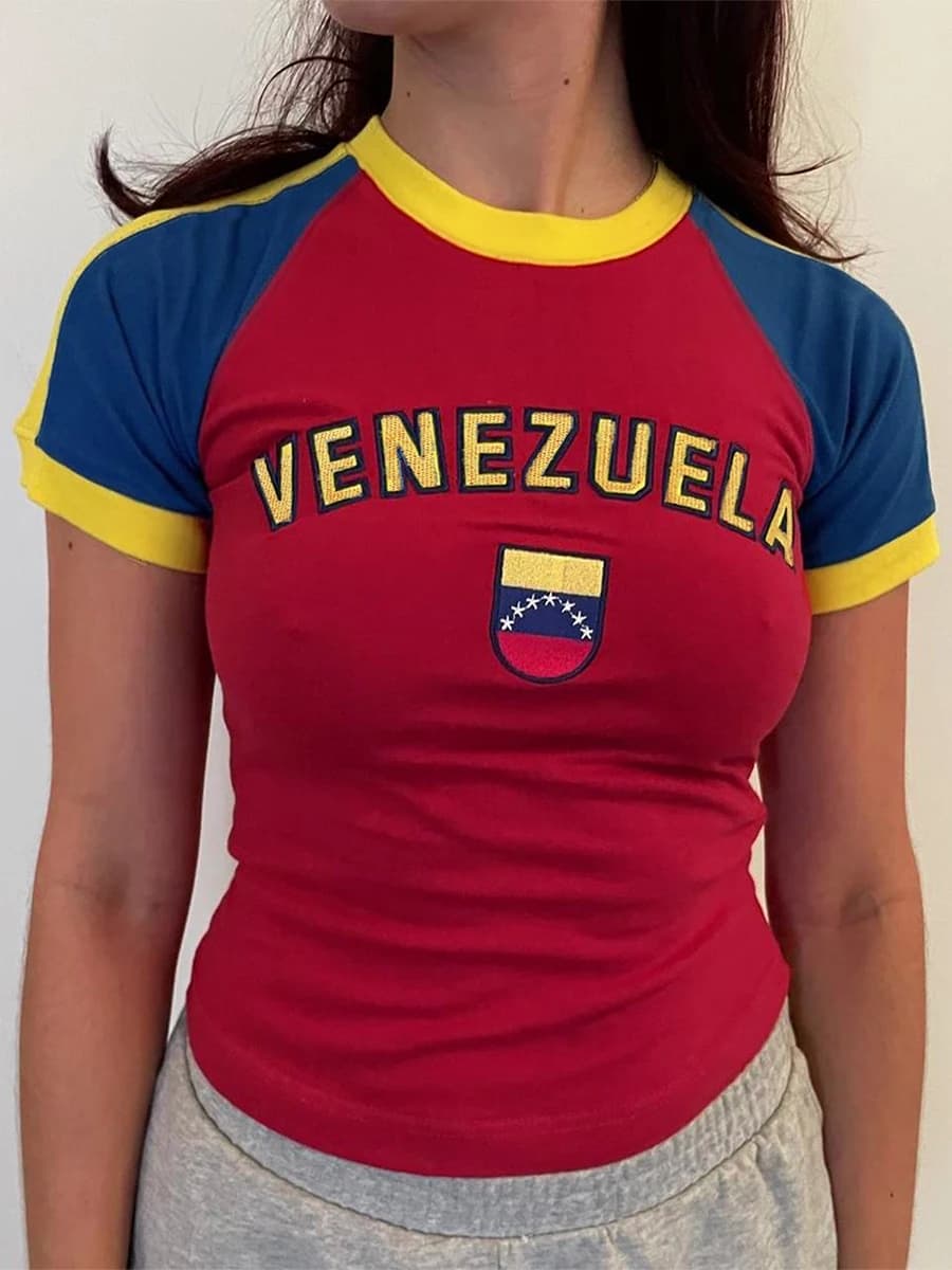 T-Shirt à Manches Courtes et Col Ras du Cou pour Femme, Streetwear, Patchwork Graphique, Slim Fit, p