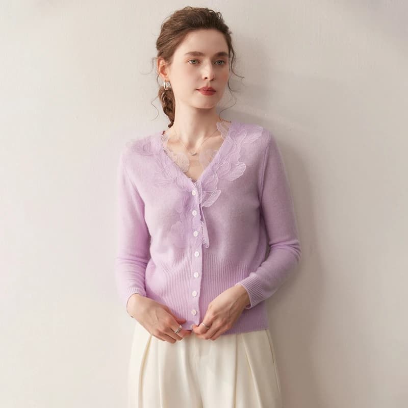 Cardigans de luxe en cachemire pour femmes, col en v, hauts en tricot, décontracté, motif feuilles, 