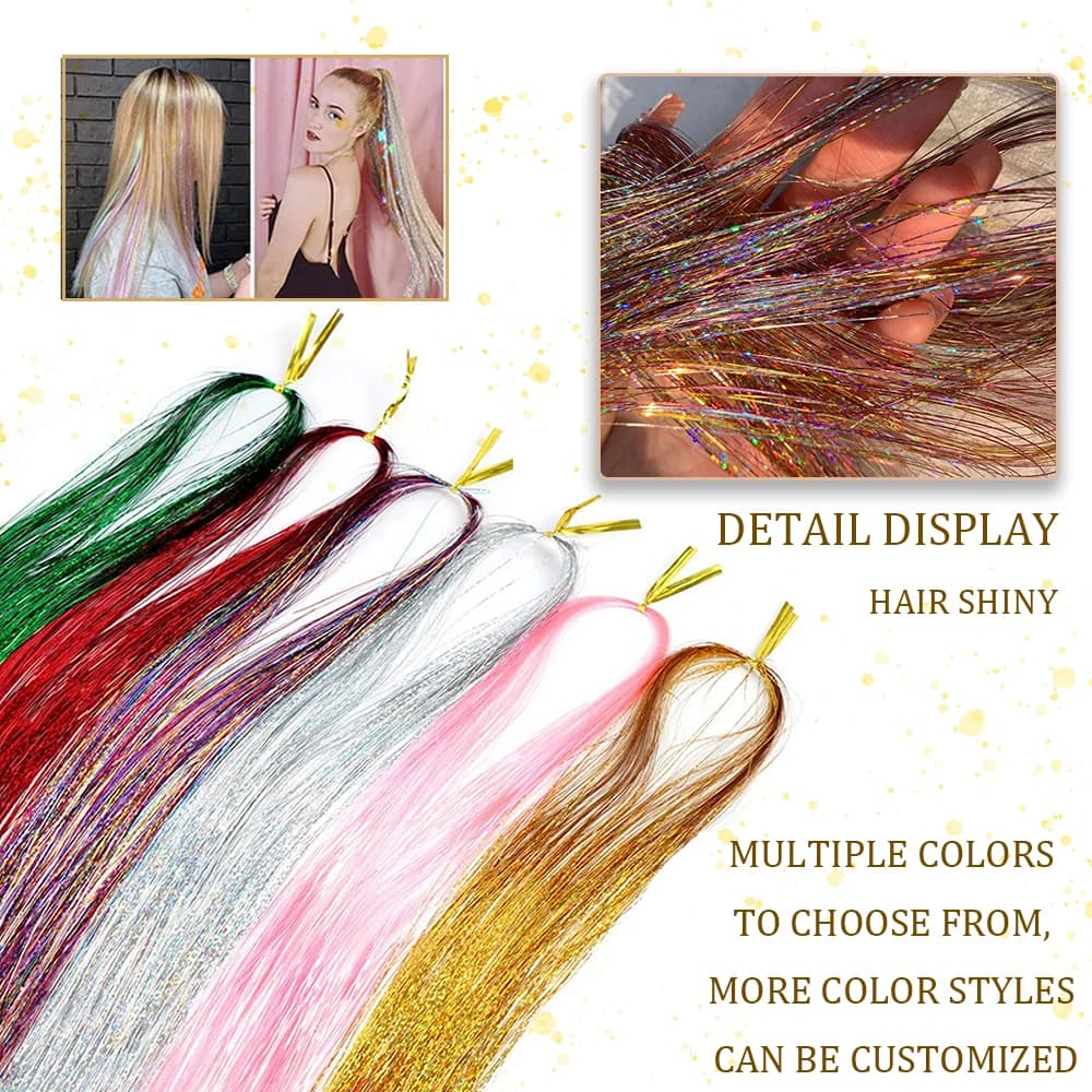 48 pouces brillant étincelle cheveux Tinsel Kit arc-en-ciel femmes coloré paillettes Bling Extension