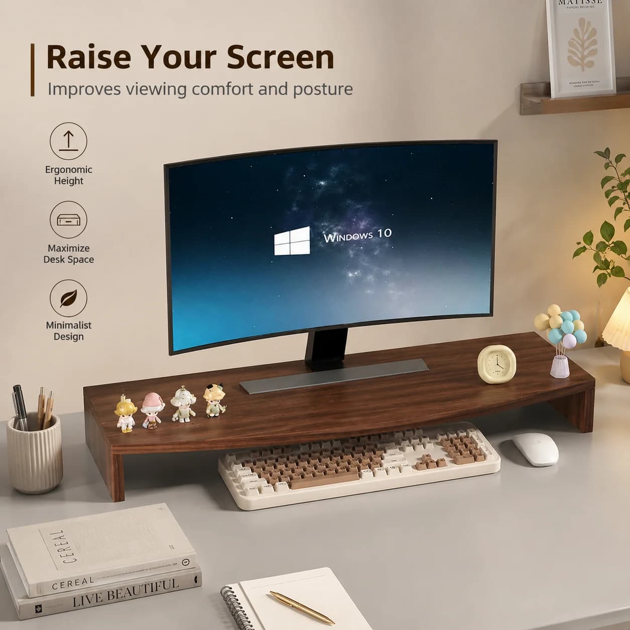Support d'écran ergonomique en bois, rehausseur d'écran de bureau, support de rangement de bureau ga