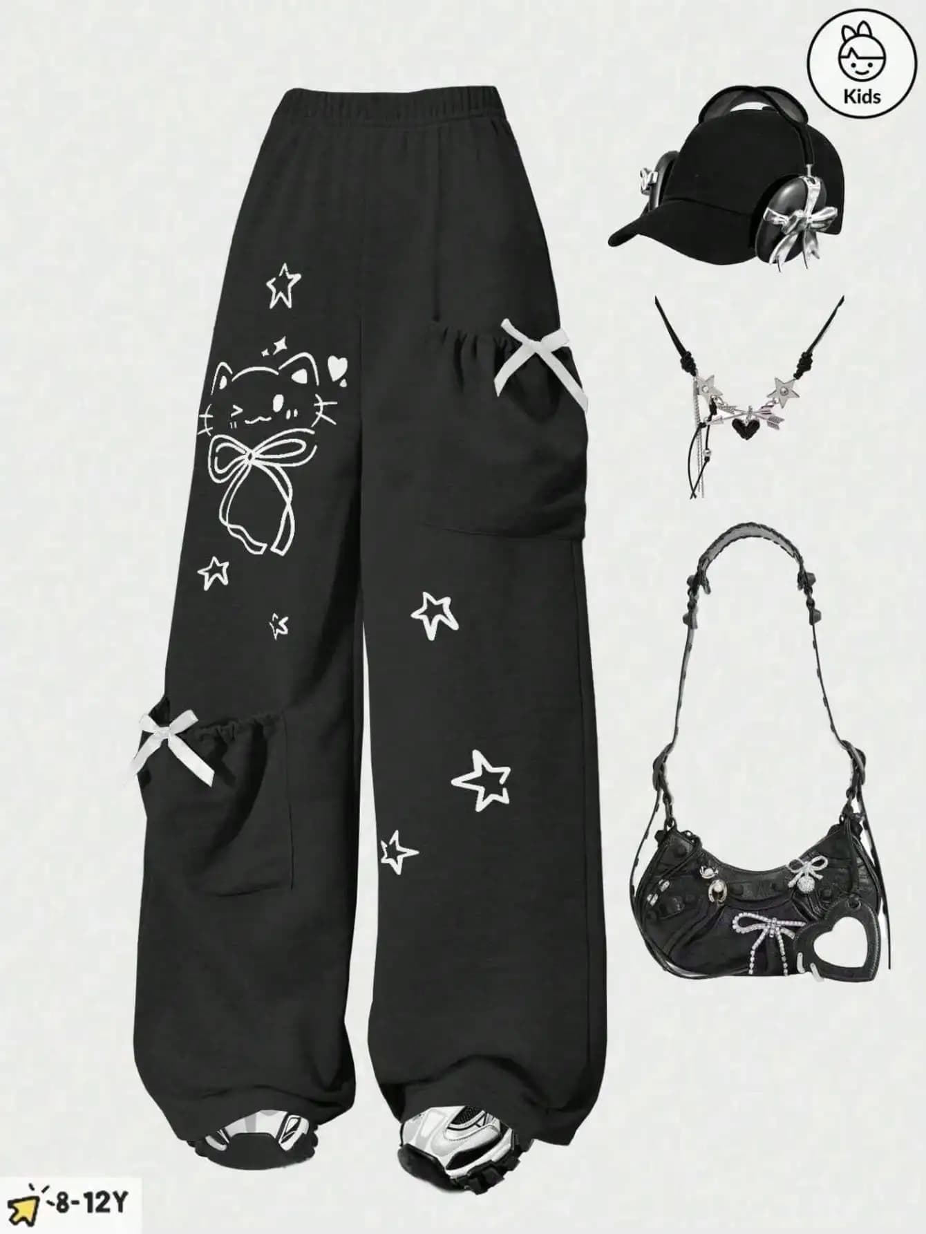 Pantalons décontractés à la mode pour filles, pantalons amples à jambes droites avec un design de po