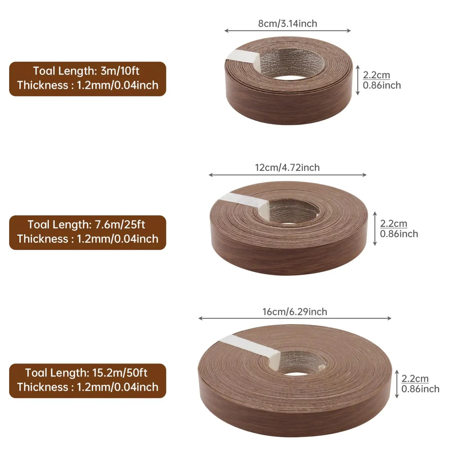 Largeur 7/8 pouces longueur 10 pieds/25 pieds/50 pieds grain de bois foncé adhésif thermofusible ban