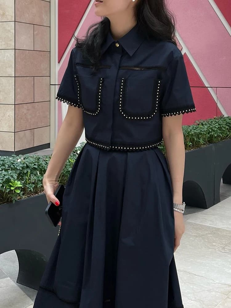 GALCAUR-Ensemble Deux Pièces Élégant pour Femme, Revers, Manches Courtes, Taille Haute, Ligne A, Jup
