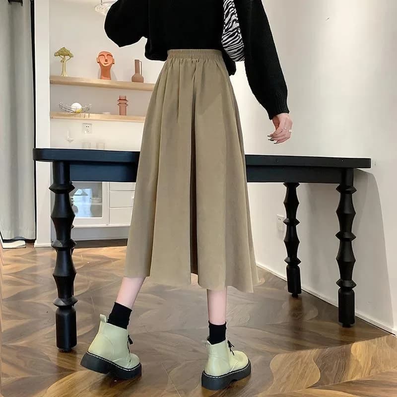 Xpqbb-Jupe Mi-Longue en Velours Côtelé pour Femme, Taille Haute, Style Collège, Plissée A-Line, Auto