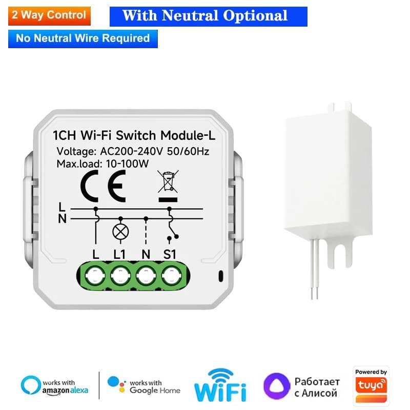Module d'interrupteur intelligent WiFi Tuya, sans fil neutre requis, relais de disjoncteur 1 2 3 4 v