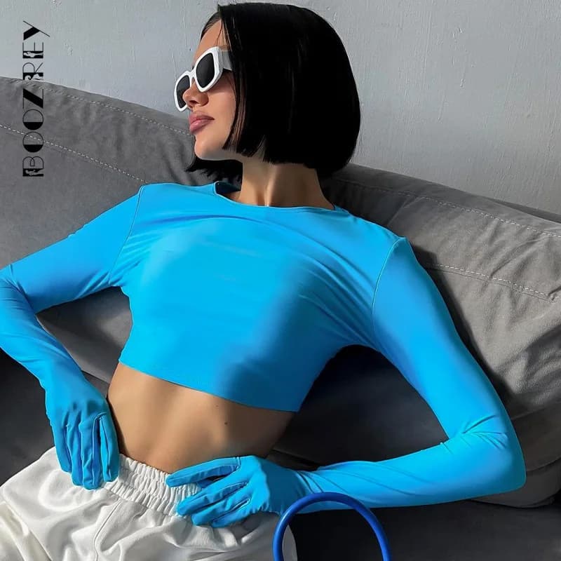 BoozRey Y2K couleur unie mince haut col rond t-shirt femmes mode d'été Sexy manches longues avec gan