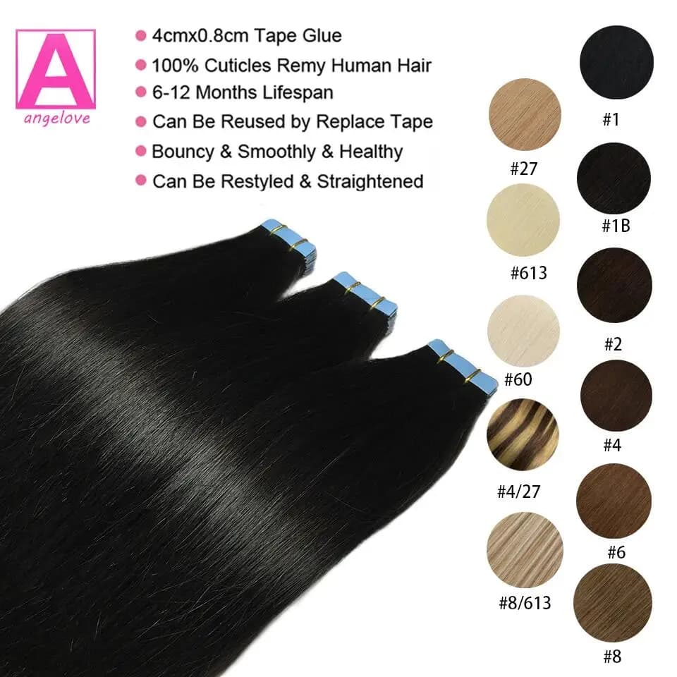 Bande adhésive 100% vrais cheveux humains Remy cheveux humains brésiliens Extensions droites peau tr