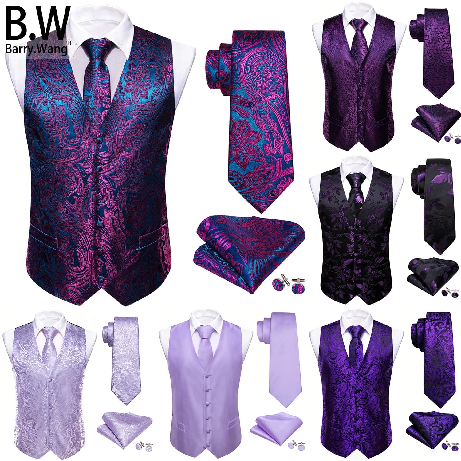 Lilas violet Violet lavande soie hommes gilet cravate Hanky boutons de manchette ensemble tissé gile