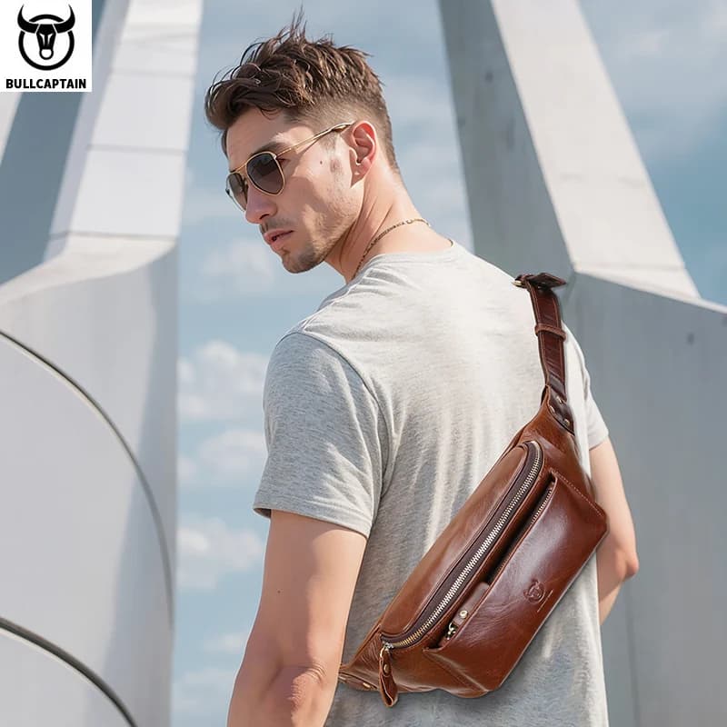 BULLCAPTAIN sac de taille en cuir véritable pour hommes sac d'alpinisme rétro décontracté multifonct