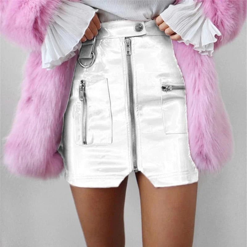 Mini jupe courte en cuir verni brillant pour femmes fermeture éclair fendue Faux Latex Sexy rose noi