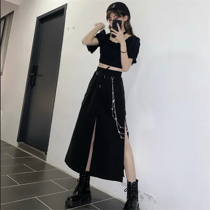 Jupe longue noire de Style coréen pour femmes, avec chaîne, fente latérale, Hip Hop, Streetwear, gra