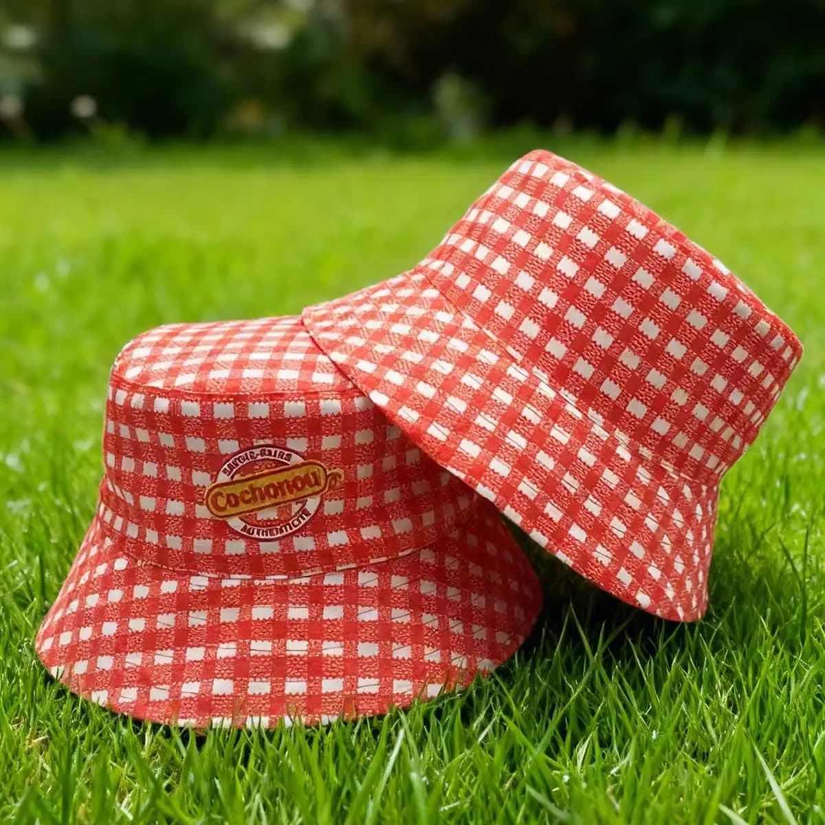 Nouveau COCHONOU chapeau seau avec Logo brodé, Polyester à carreaux rouge, chapeau de soleil d'extér