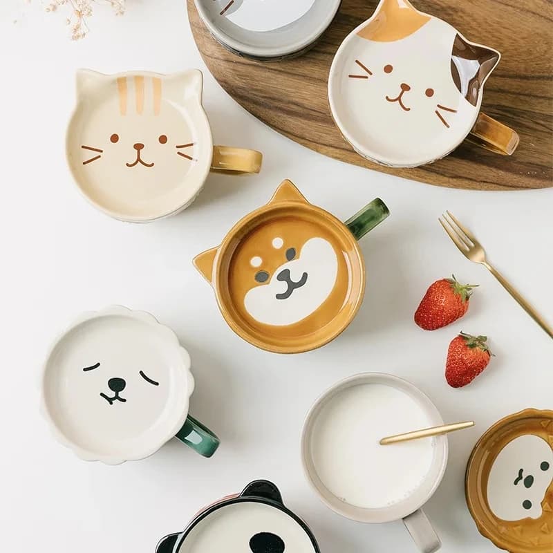Tasse à café YWDL motif chat de dessin animé japonais avec couvercle à motif animal, petite assiette