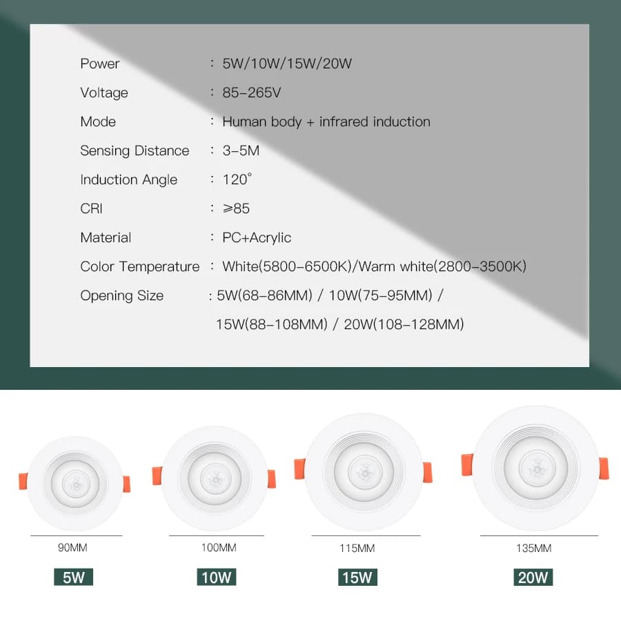 LED Downlight PIR Capteur de Mouvement AC85-265V Encastré Led Spots 5W/10/15W / 20W Pour Salon Coulo