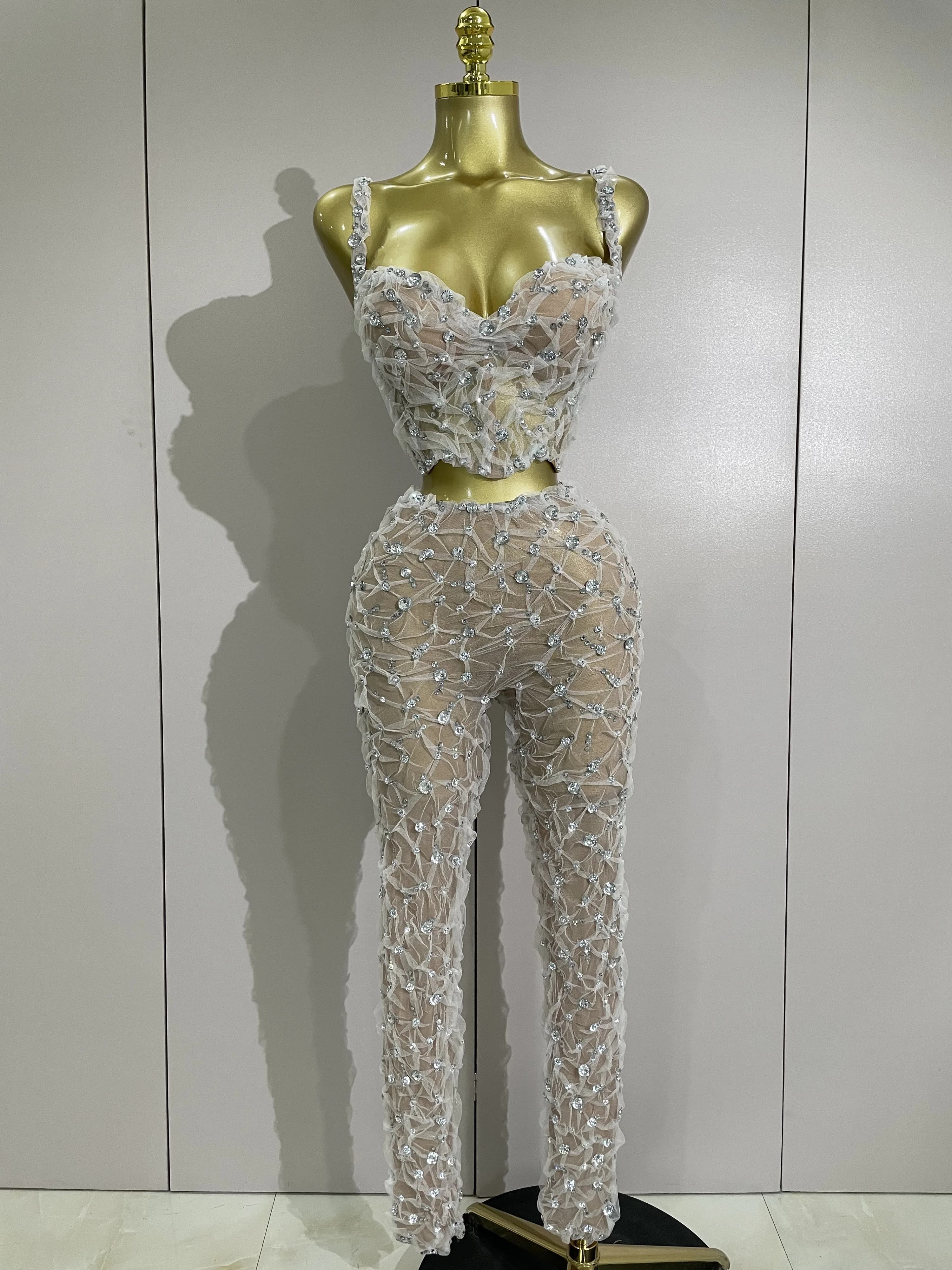 Ensemble deux pièces Sexy en dentelle pour femmes, haut à licou + pantalon Long, épissure de diamant