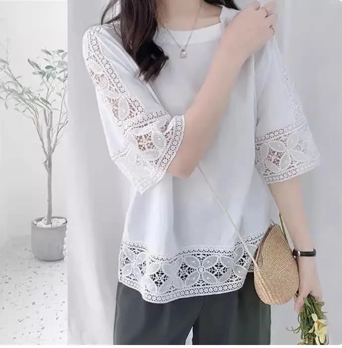 T-shirt amissié en dentelle pour femme, vêtement d'aviation, patchwork