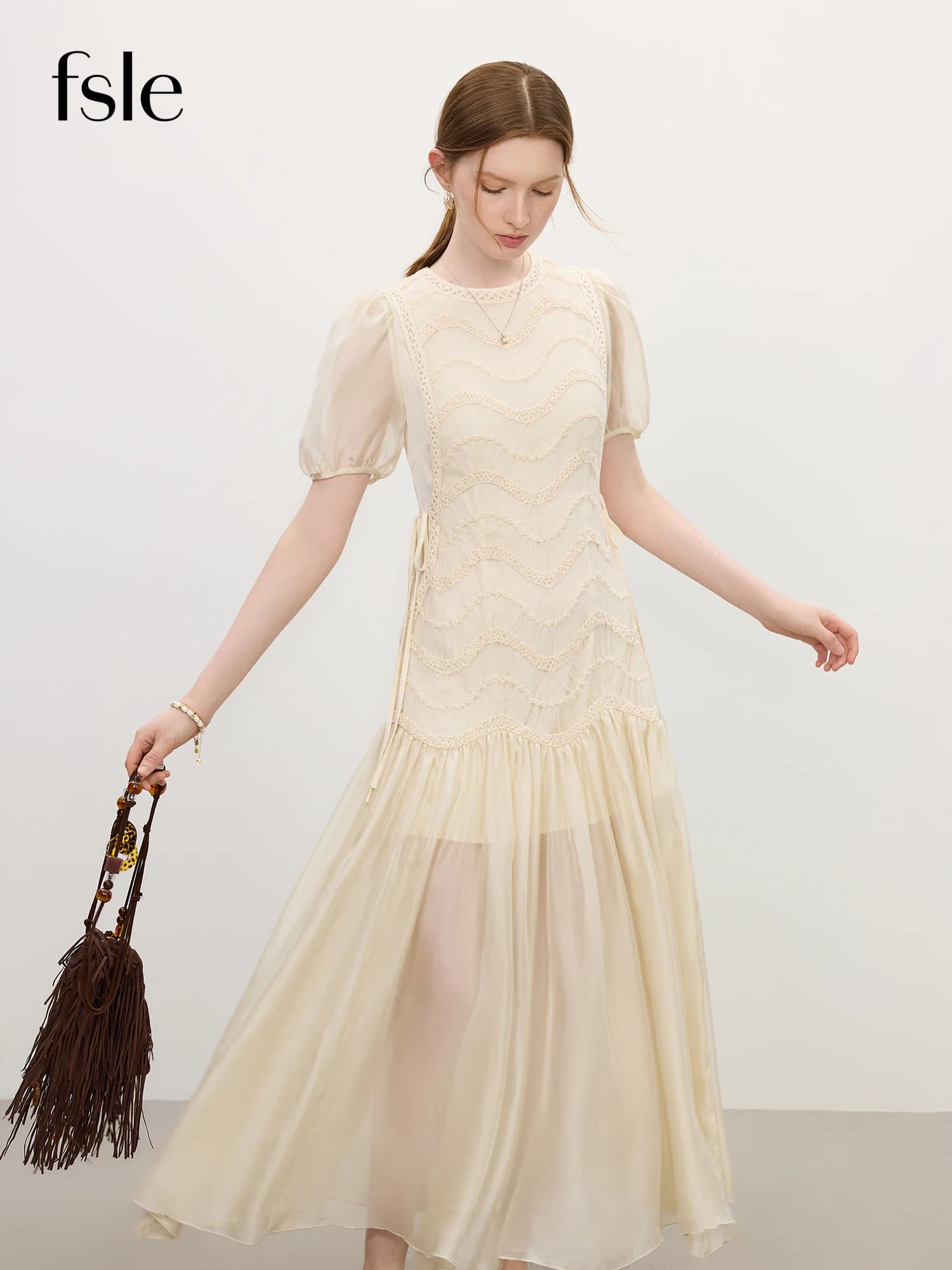 FSLE 2025 été femmes maille broderie robe évider épissage bulle manches taille cravate Y2K à la mode