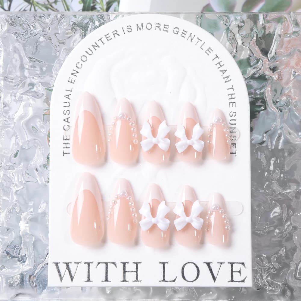 24 pièces (+ outils) perle arc nu rose presse sur ongles blanc français bout des doigts amande couve