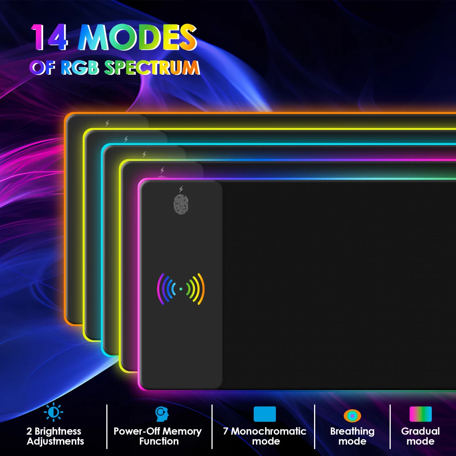 Tapis de souris RGB à chargement sans fil, LED de jeu, avec 10 Modes d'éclairage, Extra Large XXL, e