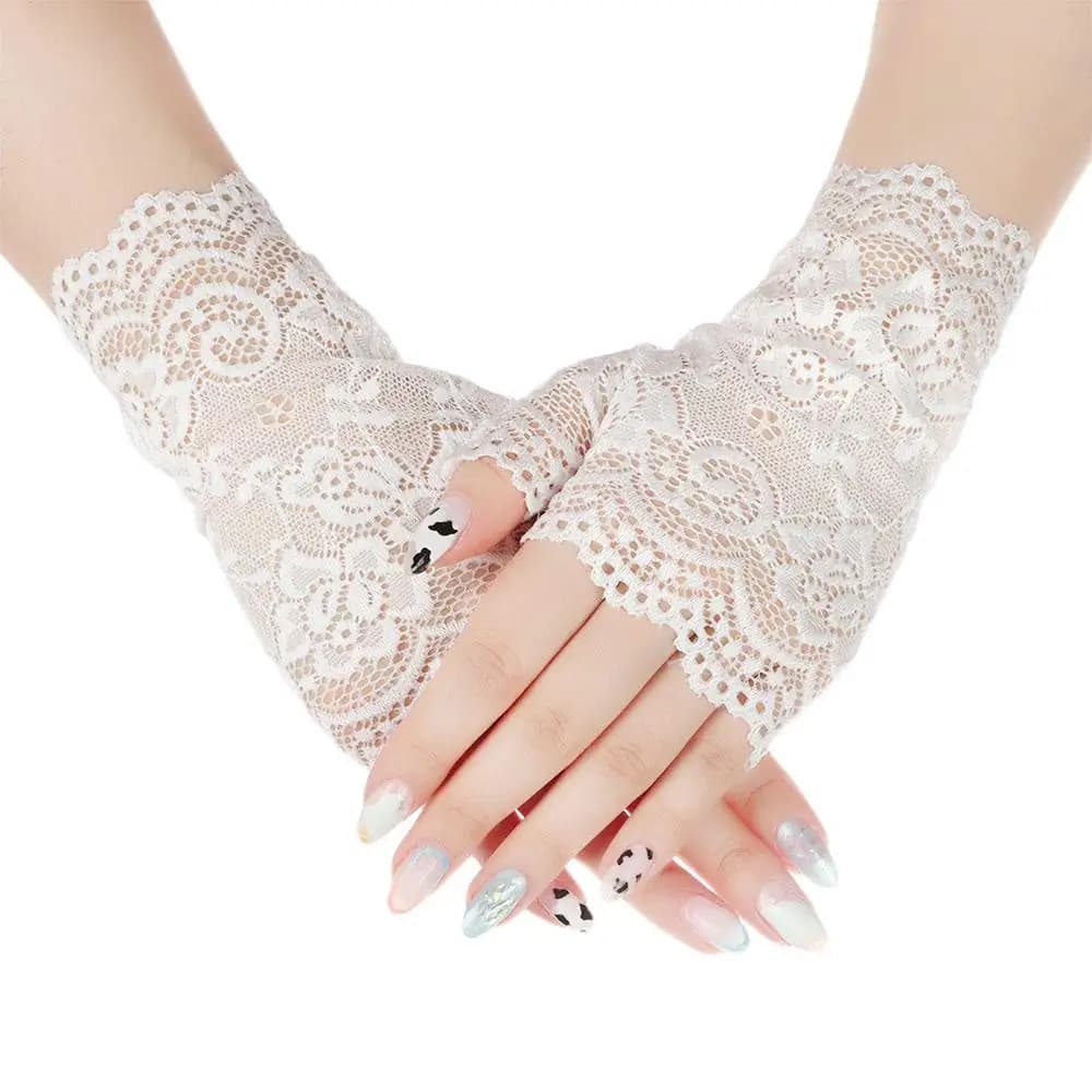 Gants courts en dentelle ajourée pour femmes, sans doigts, manches de Protection solaire, maille fin