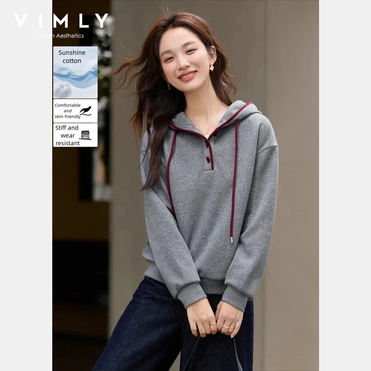 Sweat-shirts gris pour femmes VIMLY, en mélange de coton simple, doublés de polaire, contrastants, 2