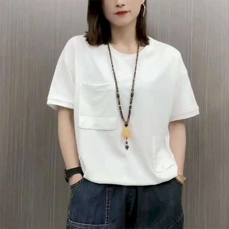 T-shirts surdimensionnés pour femmes, T-shirt Design de poche à la mode, décontracté, ample, manches