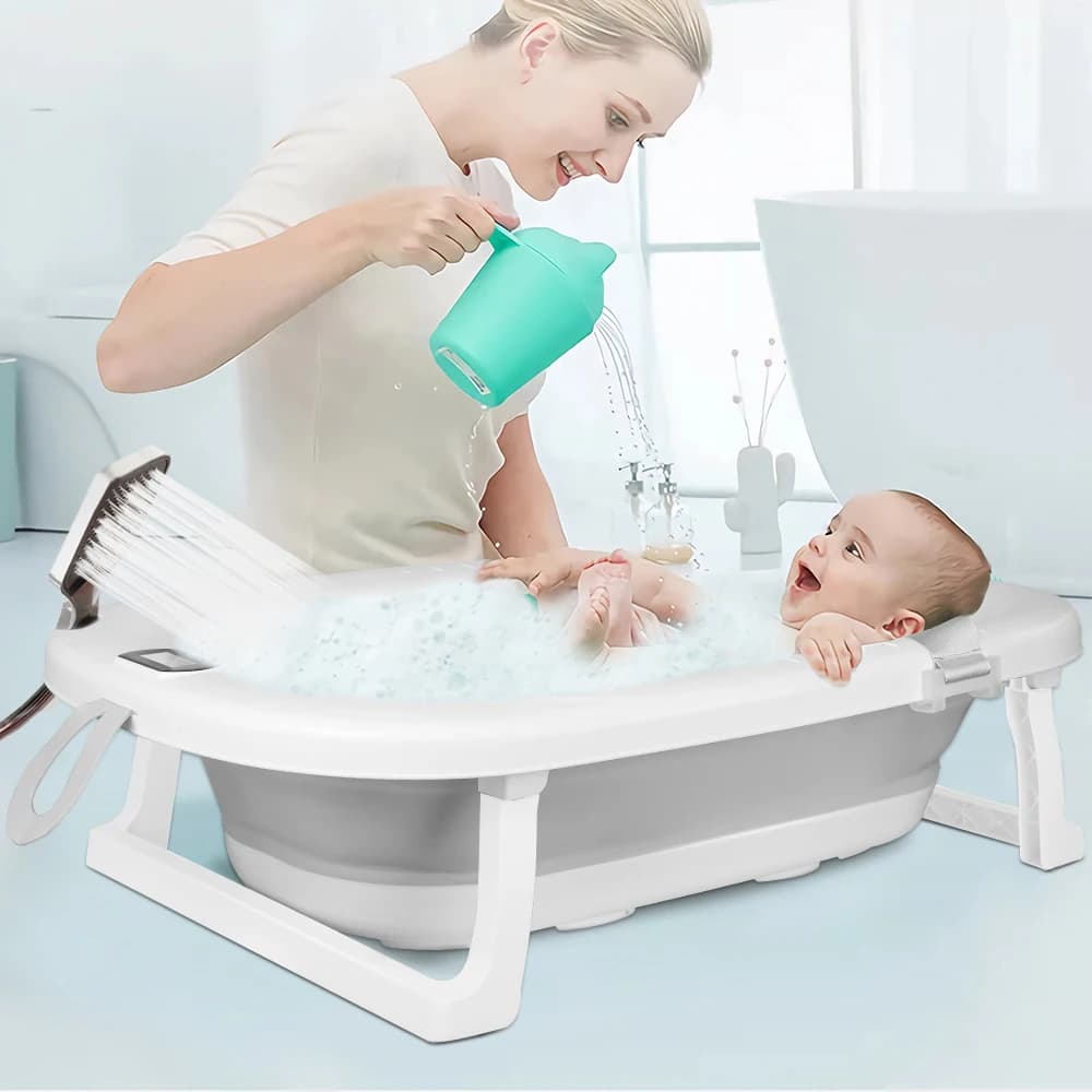 Baignoire pliable pour bébé avec tapis de bain, baignoire pour bébé avec thermomètre intégré, baigno