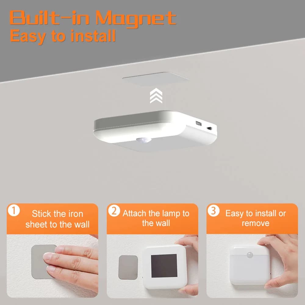 Lumière de capteur de mouvement Led USB TYPE-C charge lampe carrée pour chambre cuisine escalier cou