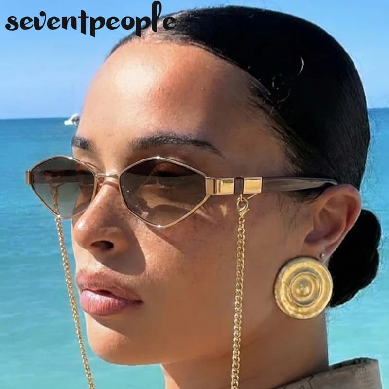 Lunettes de soleil hexagonales à petite monture avec chaîne pour femme 2026 – Marque de luxe vintage