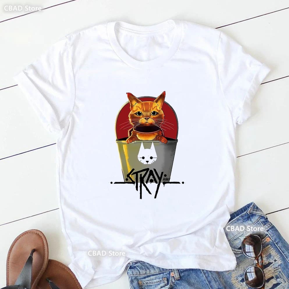 T-shirt imprimé graphique Stray Game pour femmes, vêtements pour femmes, t-shirt blanc drôle, chemis