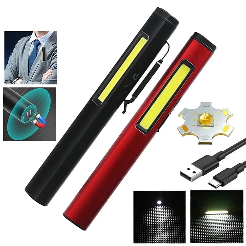 Lampe à stylo aste USB, lumière latérale COB, batterie intégrée, poche à pince à stylo, lampe de poc