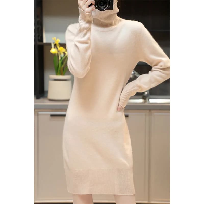 Robe pull en cachemire pour femme, tenue élégante en laine mérinos, col roulé, tricotée, décontracté