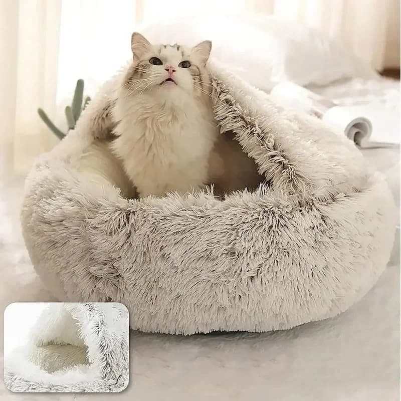 Coussin rond semi-fermé pour animaux de compagnie, sacs de couchage, long, doux, en peluche, 2 en 1,