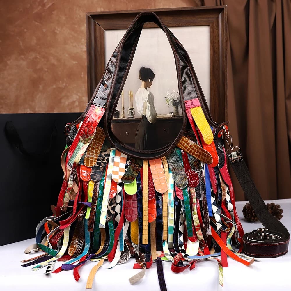 Sac à main en cuir véritable à franges pour femmes, fabriqué à la main, blocage de couleur, grande c