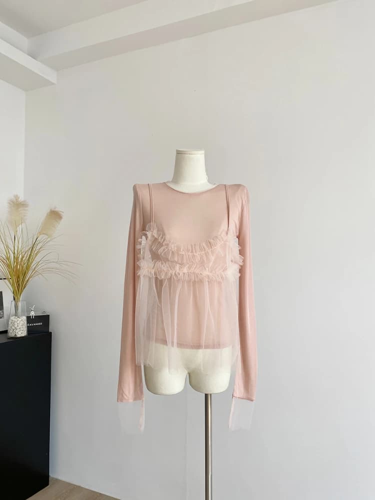 Coréen en mousseline de soie jarretelle à manches longues T-Shirt femmes rose maille épissé T-shirt 