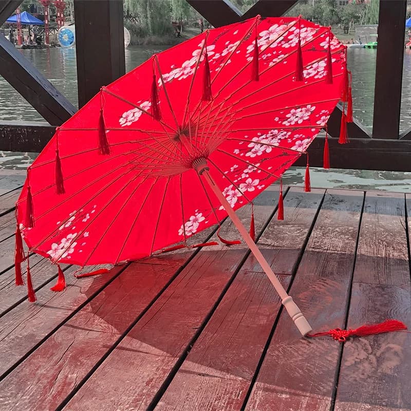 Parapluie en tissu de soie 82CM, pompon, Cosplay Hanfu, papier à l'huile, Style chinois ancien, Styl
