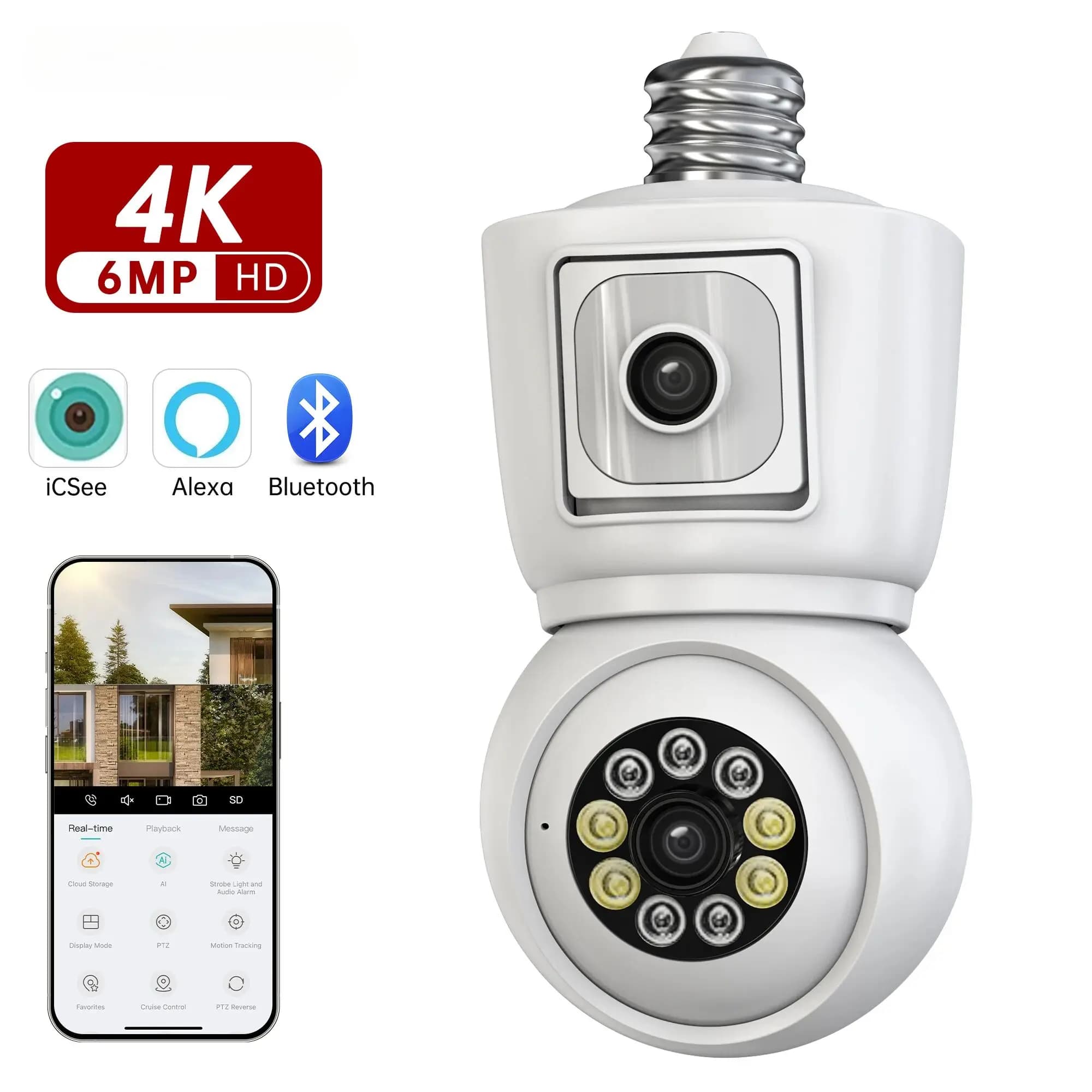 ICSEE 4K 8MP E27 ampoule WiFi caméra double objectif double écran suivi automatique Audio bidirectio