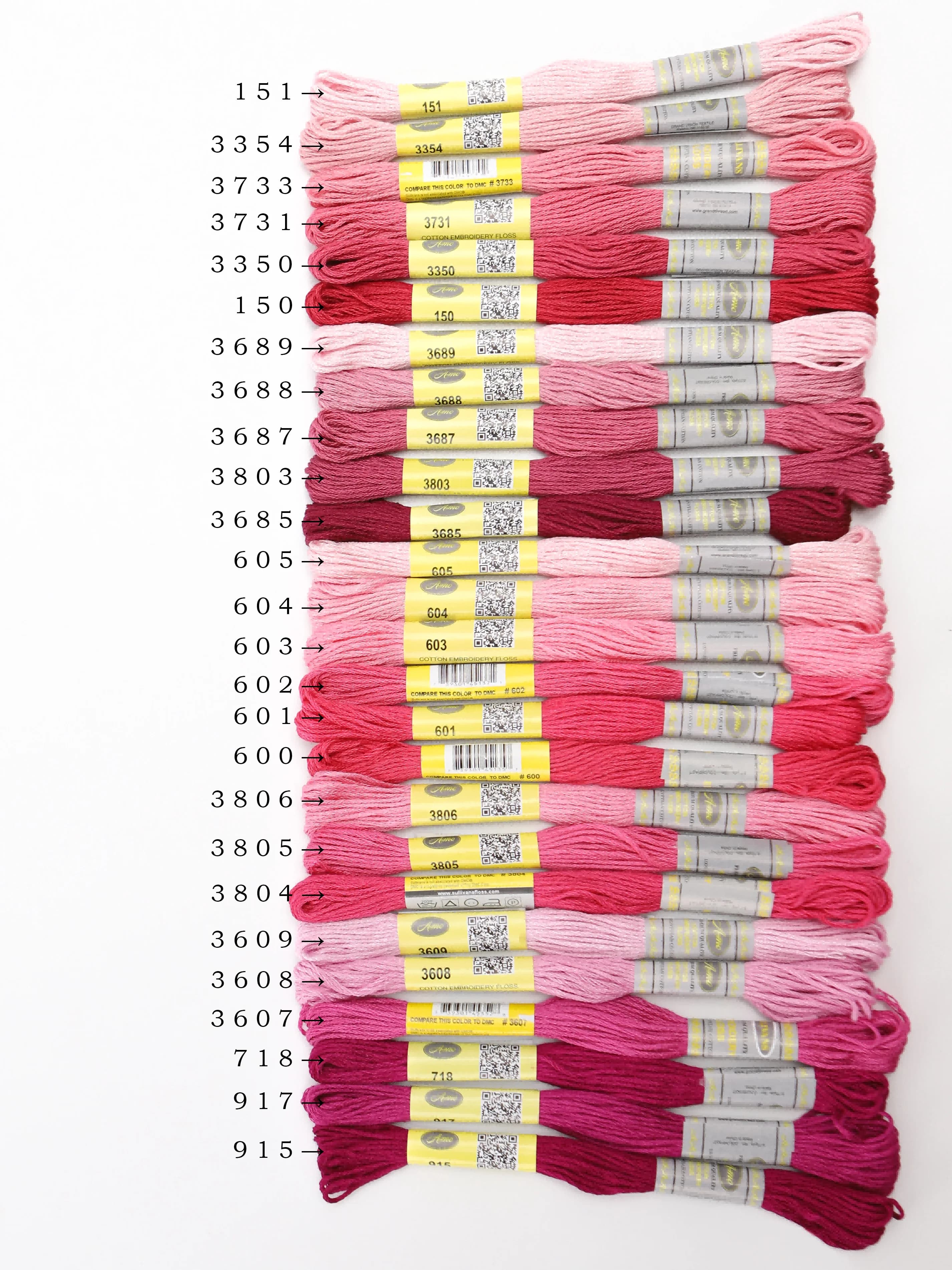 Ensemble de 12 écheveaux de couleur rouge et rose, fil à broder en coton égyptien mercerisé de 8 mèt